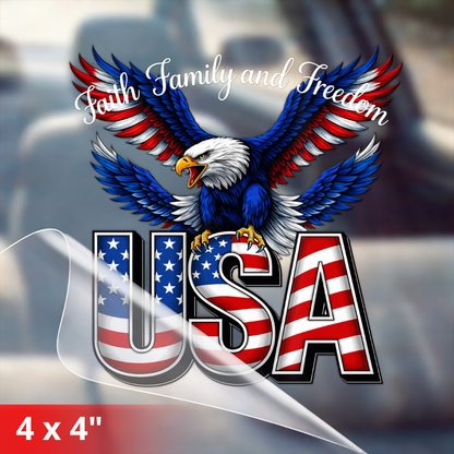 Faith, Family, and Freedom USA Eagle Decal for Car, Truck, Bottle, Laptop & More