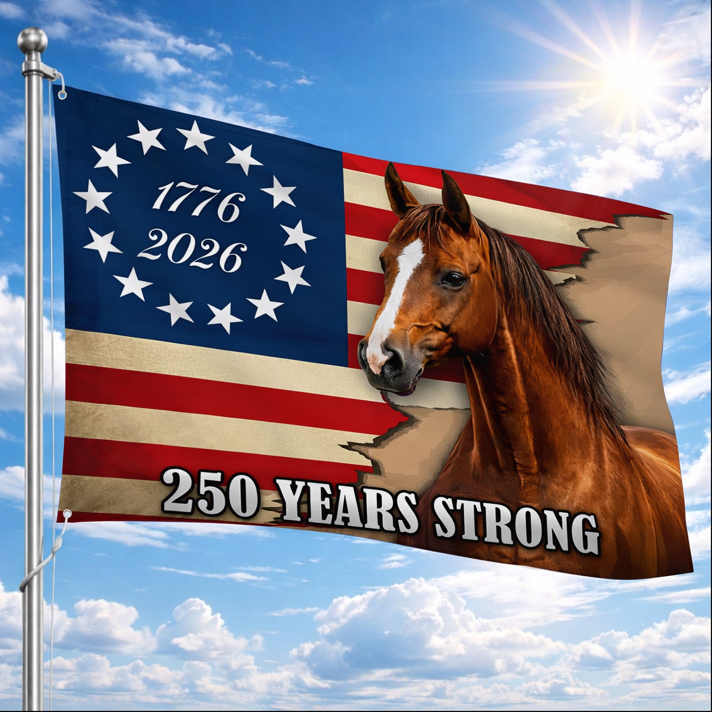 250 Years Strong Horse & Flag (1776–2026)- House Flag/Garden Flag