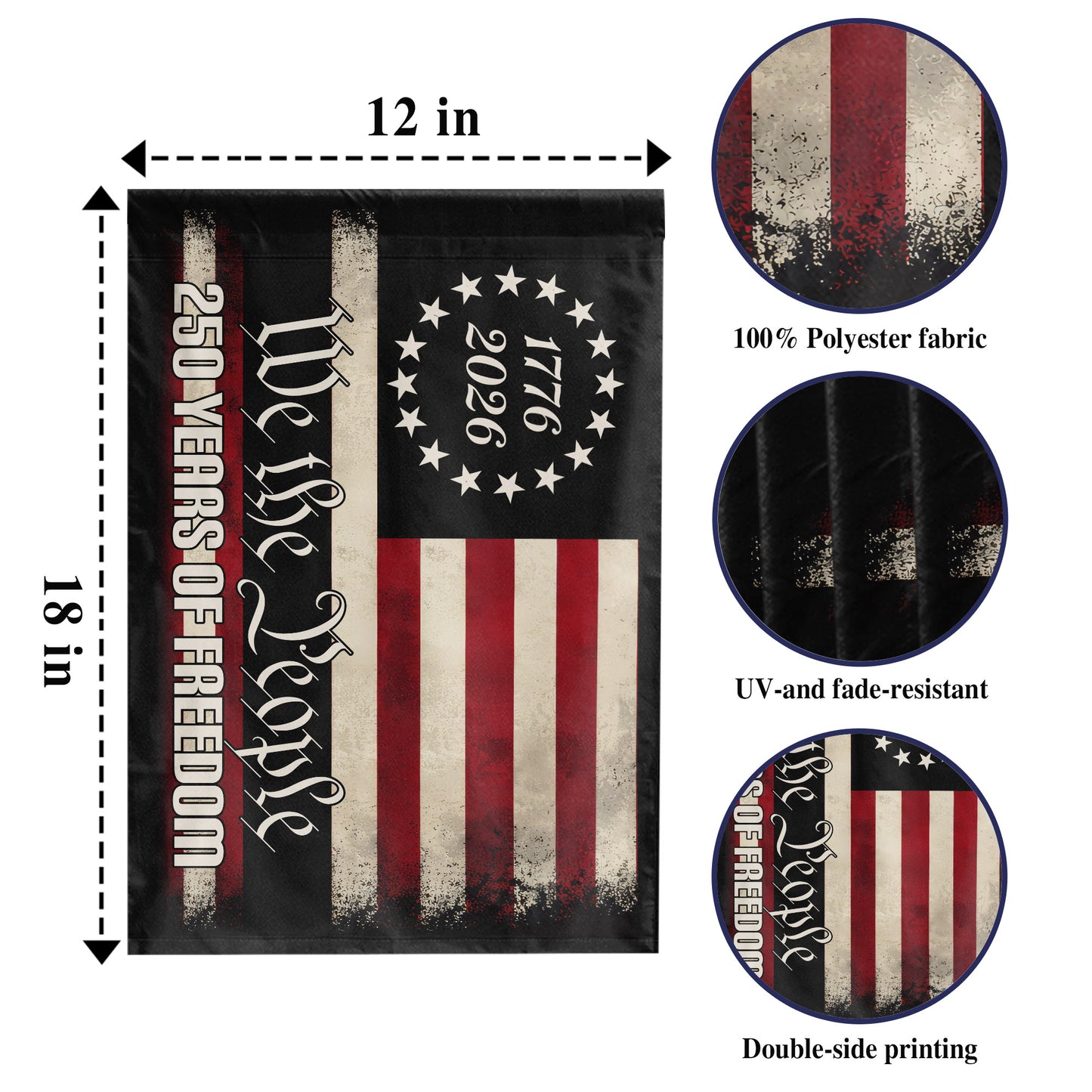 Vintage Black USA 250, We The People (1776–2026)- House Flag/Garden Flag