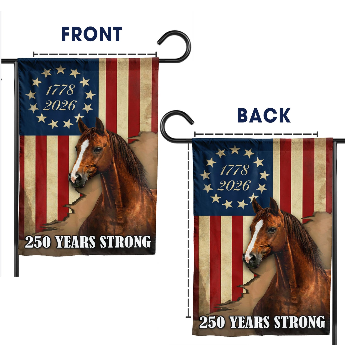 250 Years Strong Horse & Flag (1776–2026)- House Flag/Garden Flag