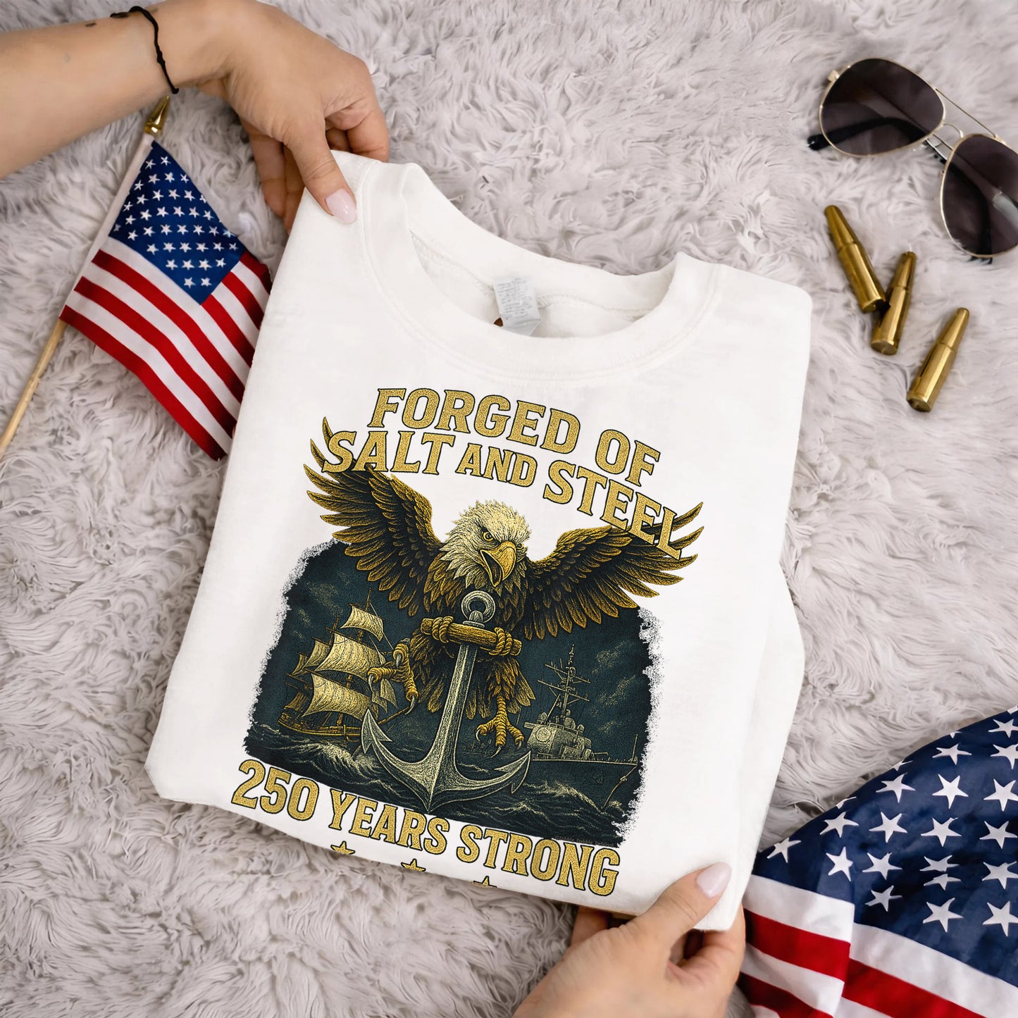 Forged Of Salt And Steel Navy Eagle – America 250th Anniversary – Unisex Tshirt Gildan / Tshirt Comfort / V-neck/ Hoodie / Sweatshirt