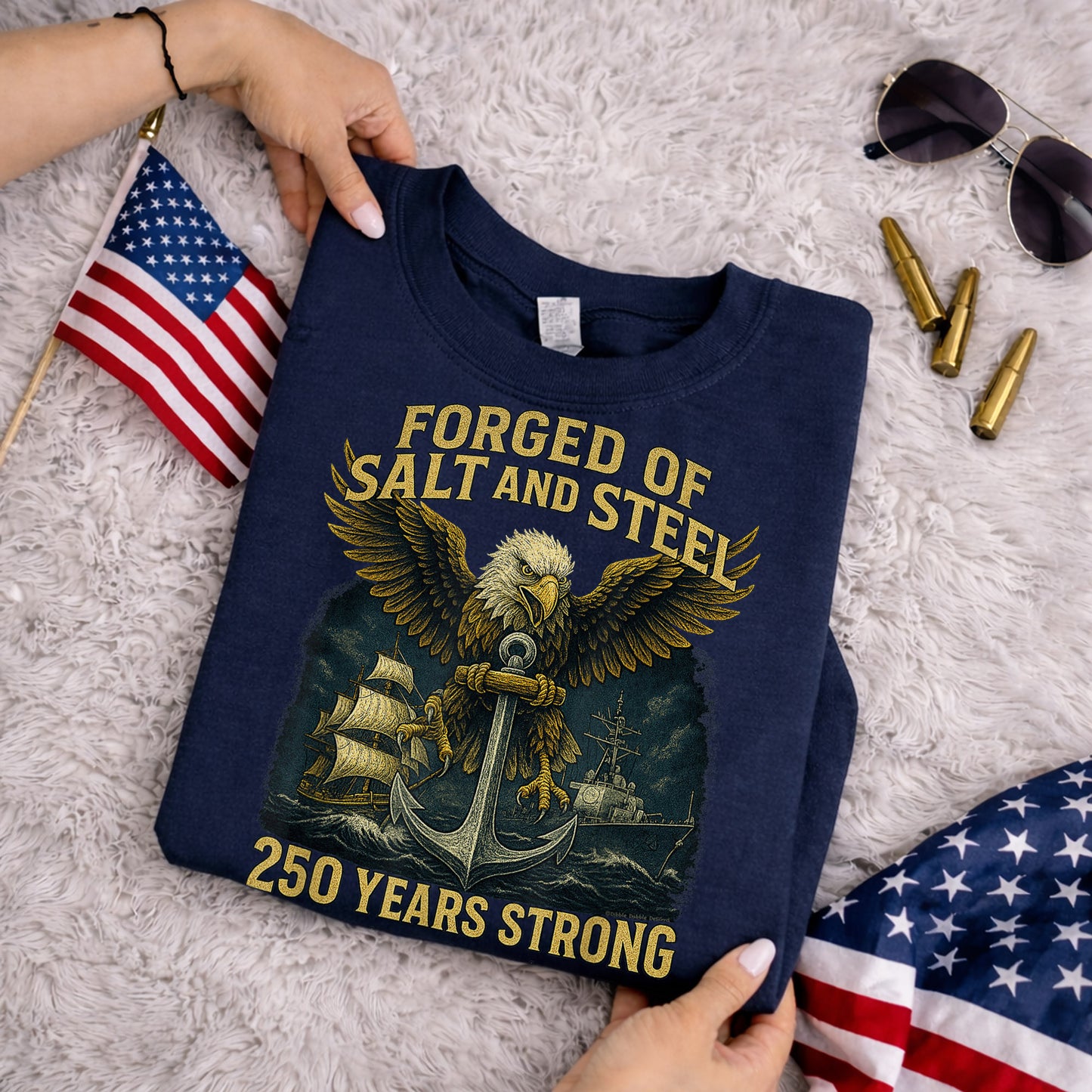 Forged Of Salt And Steel Navy Eagle – America 250th Anniversary – Unisex Tshirt Gildan / Tshirt Comfort / V-neck/ Hoodie / Sweatshirt