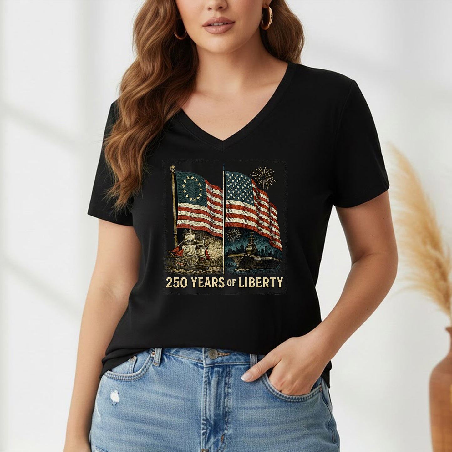 Betsy Ross And Modern US Flag – America 250th Anniversary – Unisex Tshirt Gildan / Tshirt Comfort / V-neck/ Hoodie / Sweatshirt