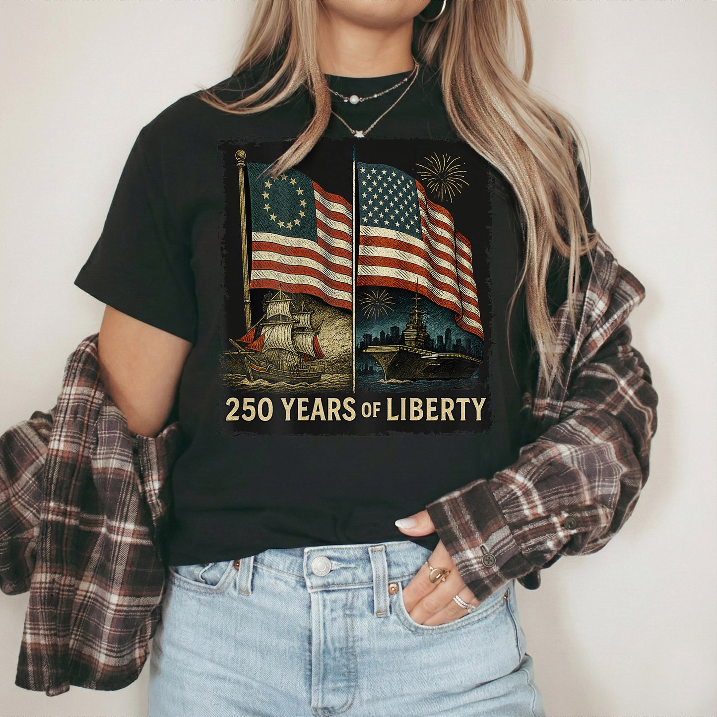 Betsy Ross And Modern US Flag – America 250th Anniversary – Unisex Tshirt Gildan / Tshirt Comfort / V-neck/ Hoodie / Sweatshirt