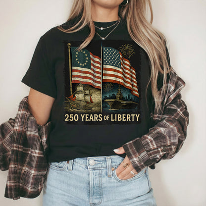 Betsy Ross And Modern US Flag – America 250th Anniversary – Unisex Tshirt Gildan / Tshirt Comfort / V-neck/ Hoodie / Sweatshirt