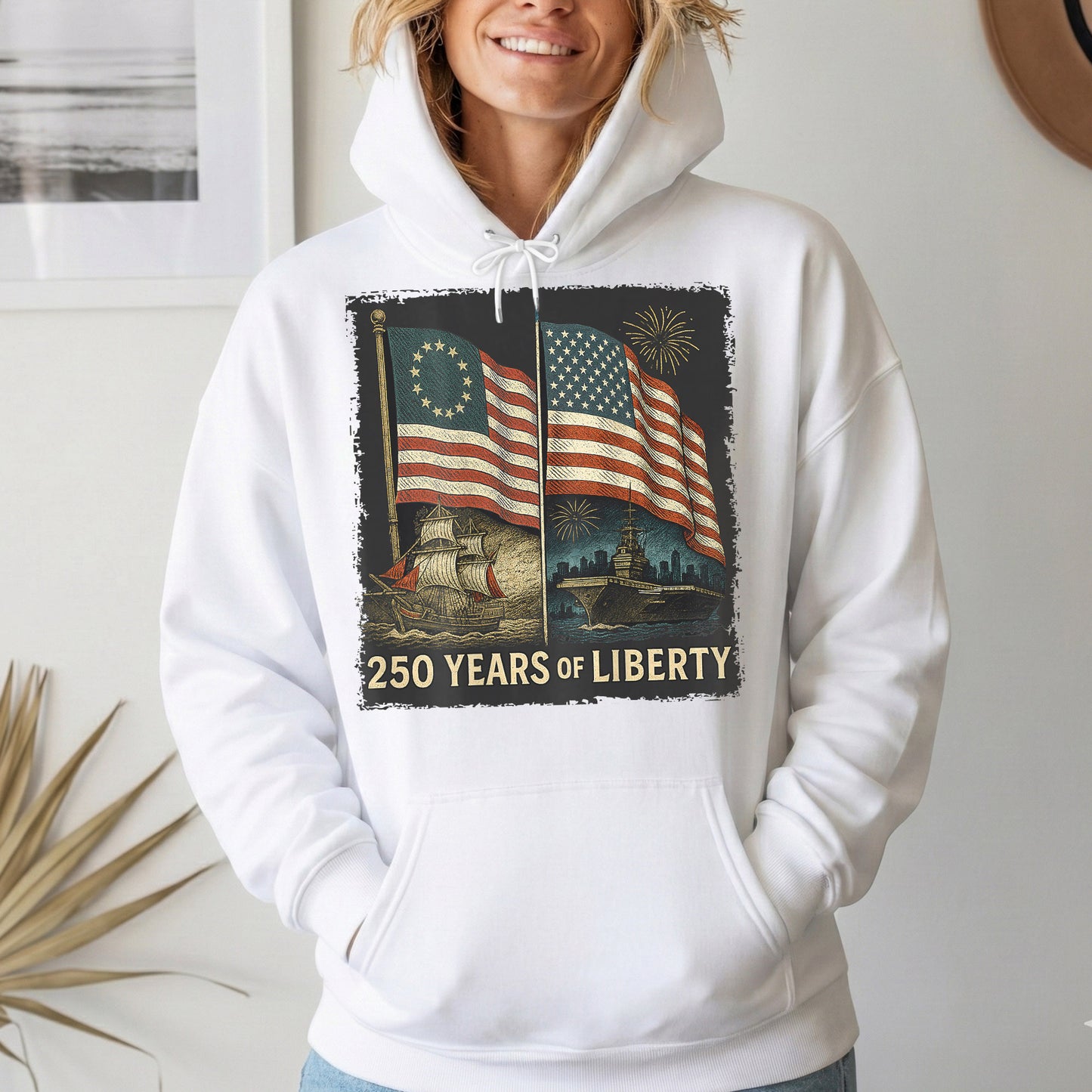 Betsy Ross And Modern US Flag – America 250th Anniversary – Unisex Tshirt Gildan / Tshirt Comfort / V-neck/ Hoodie / Sweatshirt