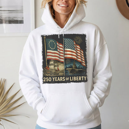 Betsy Ross And Modern US Flag – America 250th Anniversary – Unisex Tshirt Gildan / Tshirt Comfort / V-neck/ Hoodie / Sweatshirt
