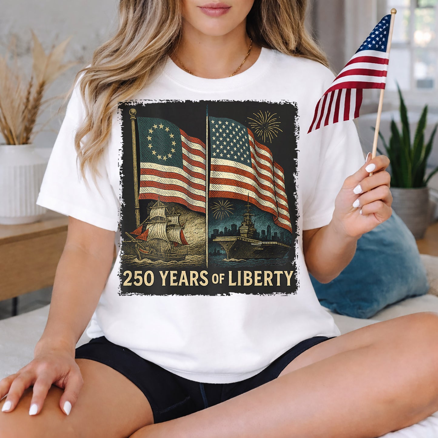 Betsy Ross And Modern US Flag – America 250th Anniversary – Unisex Tshirt Gildan / Tshirt Comfort / V-neck/ Hoodie / Sweatshirt