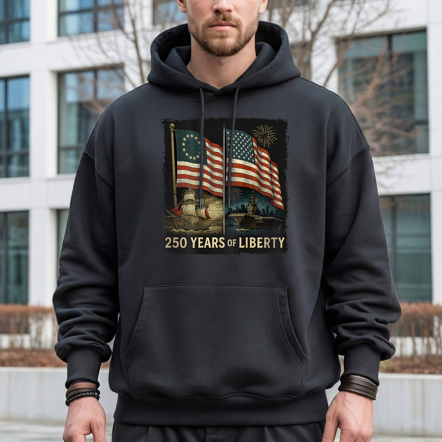Betsy Ross And Modern US Flag – America 250th Anniversary – Unisex Tshirt Gildan / Tshirt Comfort / V-neck/ Hoodie / Sweatshirt