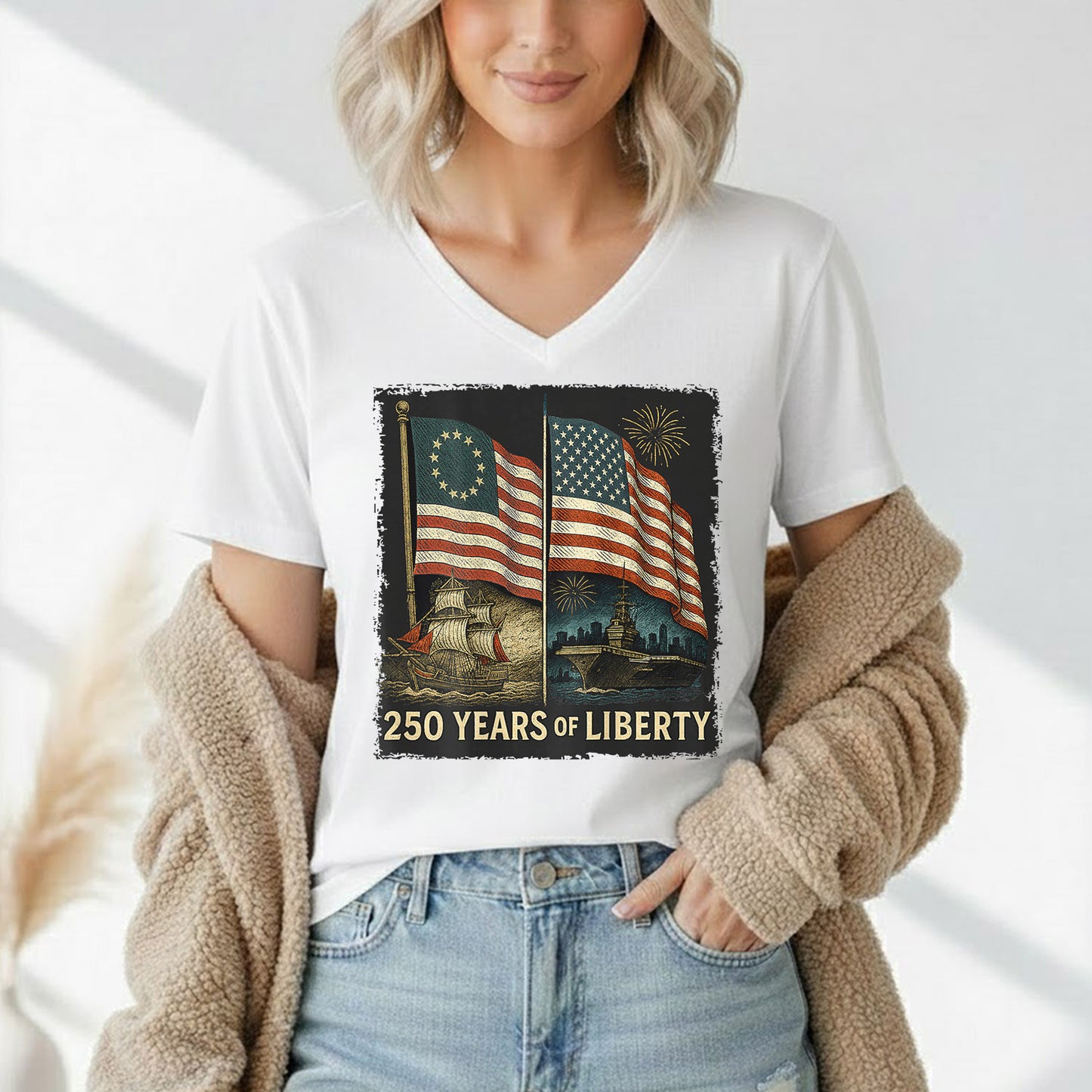 Betsy Ross And Modern US Flag – America 250th Anniversary – Unisex Tshirt Gildan / Tshirt Comfort / V-neck/ Hoodie / Sweatshirt