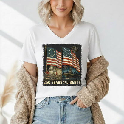Betsy Ross And Modern US Flag – America 250th Anniversary – Unisex Tshirt Gildan / Tshirt Comfort / V-neck/ Hoodie / Sweatshirt
