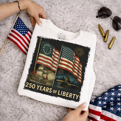 Betsy Ross And Modern US Flag – America 250th Anniversary – Unisex Tshirt Gildan / Tshirt Comfort / V-neck/ Hoodie / Sweatshirt