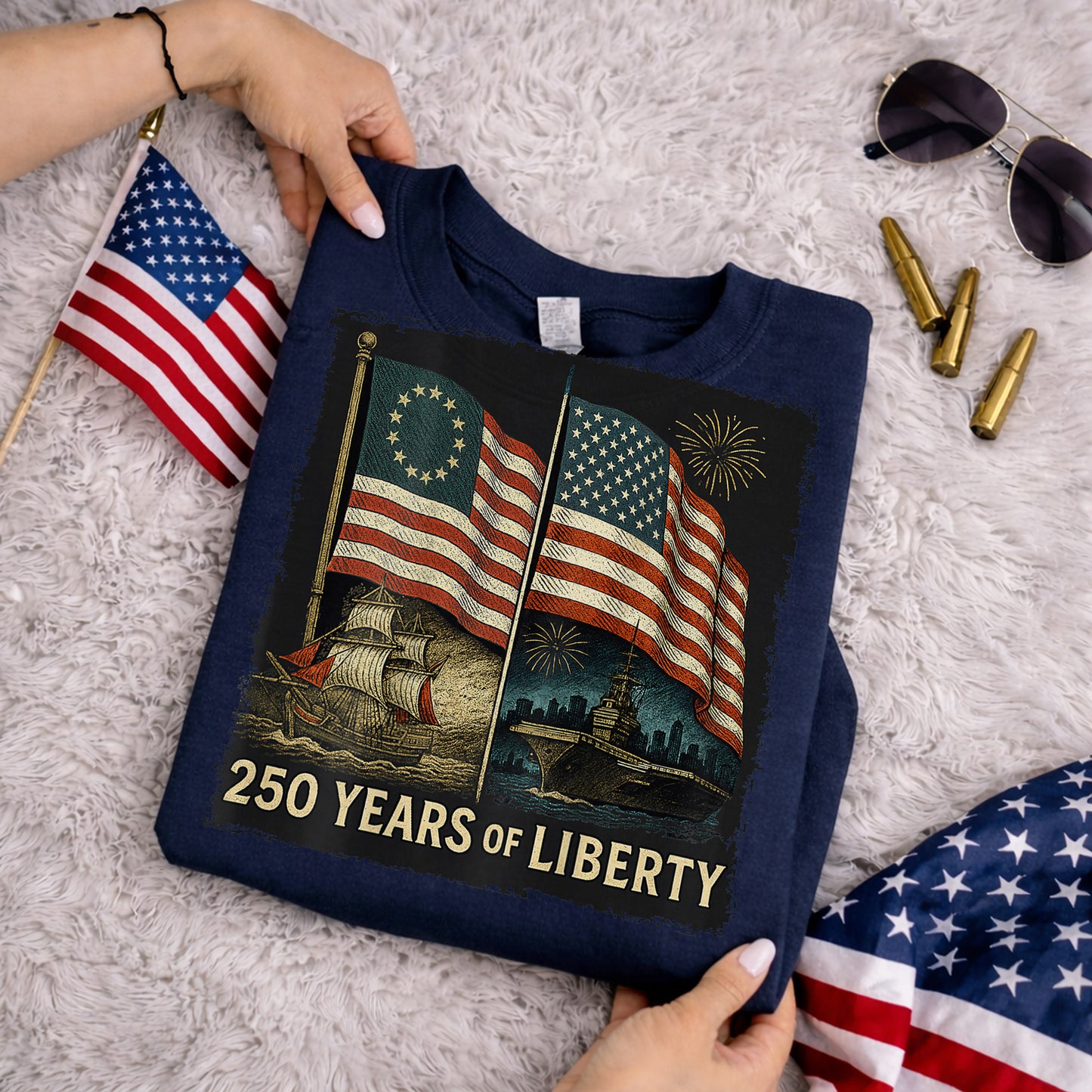 Betsy Ross And Modern US Flag – America 250th Anniversary – Unisex Tshirt Gildan / Tshirt Comfort / V-neck/ Hoodie / Sweatshirt