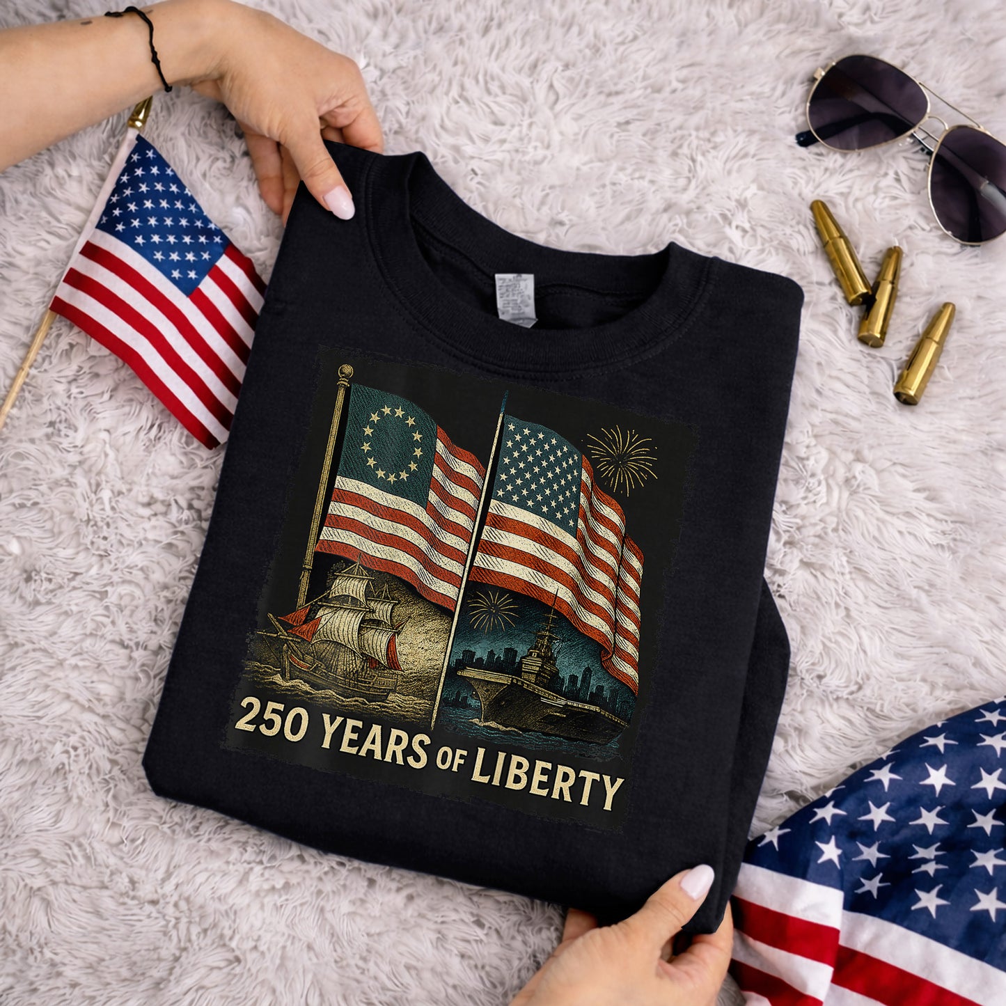 Betsy Ross And Modern US Flag – America 250th Anniversary – Unisex Tshirt Gildan / Tshirt Comfort / V-neck/ Hoodie / Sweatshirt