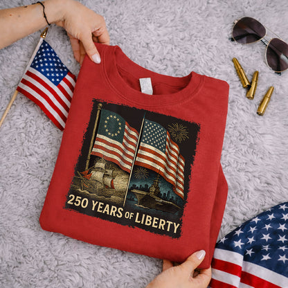 Betsy Ross And Modern US Flag – America 250th Anniversary – Unisex Tshirt Gildan / Tshirt Comfort / V-neck/ Hoodie / Sweatshirt