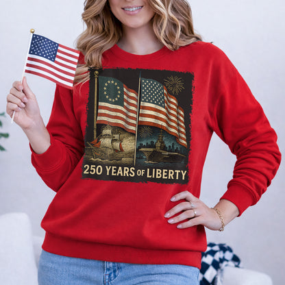 Betsy Ross And Modern US Flag – America 250th Anniversary – Unisex Tshirt Gildan / Tshirt Comfort / V-neck/ Hoodie / Sweatshirt