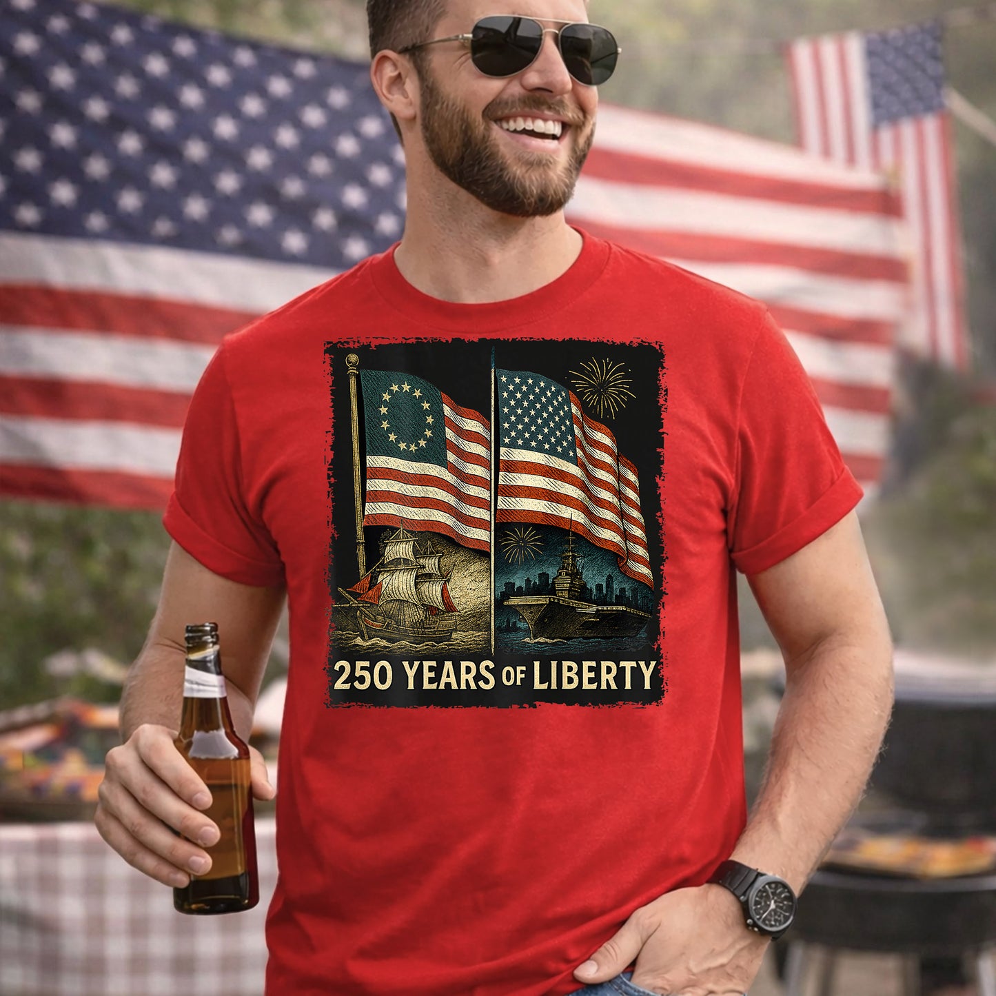 Betsy Ross And Modern US Flag – America 250th Anniversary – Unisex Tshirt Gildan / Tshirt Comfort / V-neck/ Hoodie / Sweatshirt