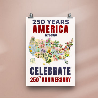 Celebrate 250 Floral USA Map Poster/Canvas