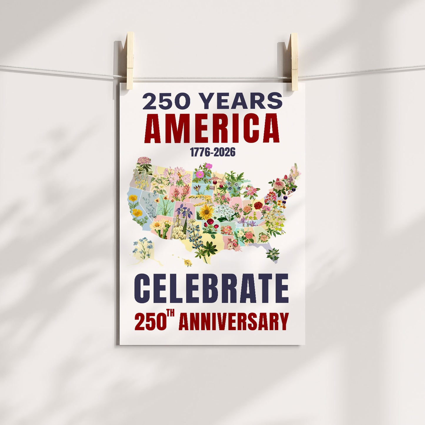 Celebrate 250 Floral USA Map Poster/Canvas