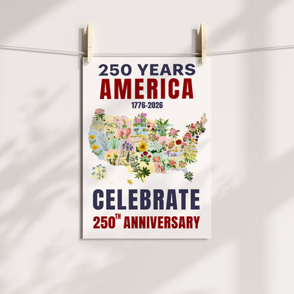 Celebrate 250 Floral USA Map Poster/Canvas