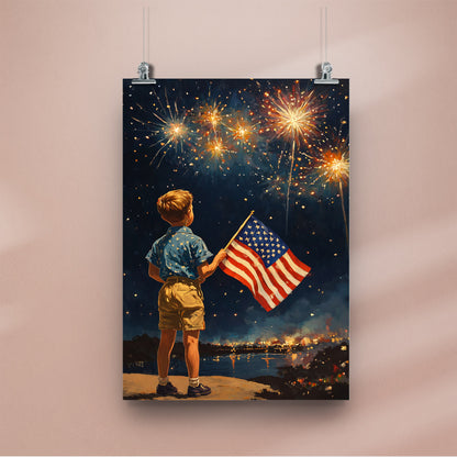 Fireworks Night American Flag Boy Poster/Canvas