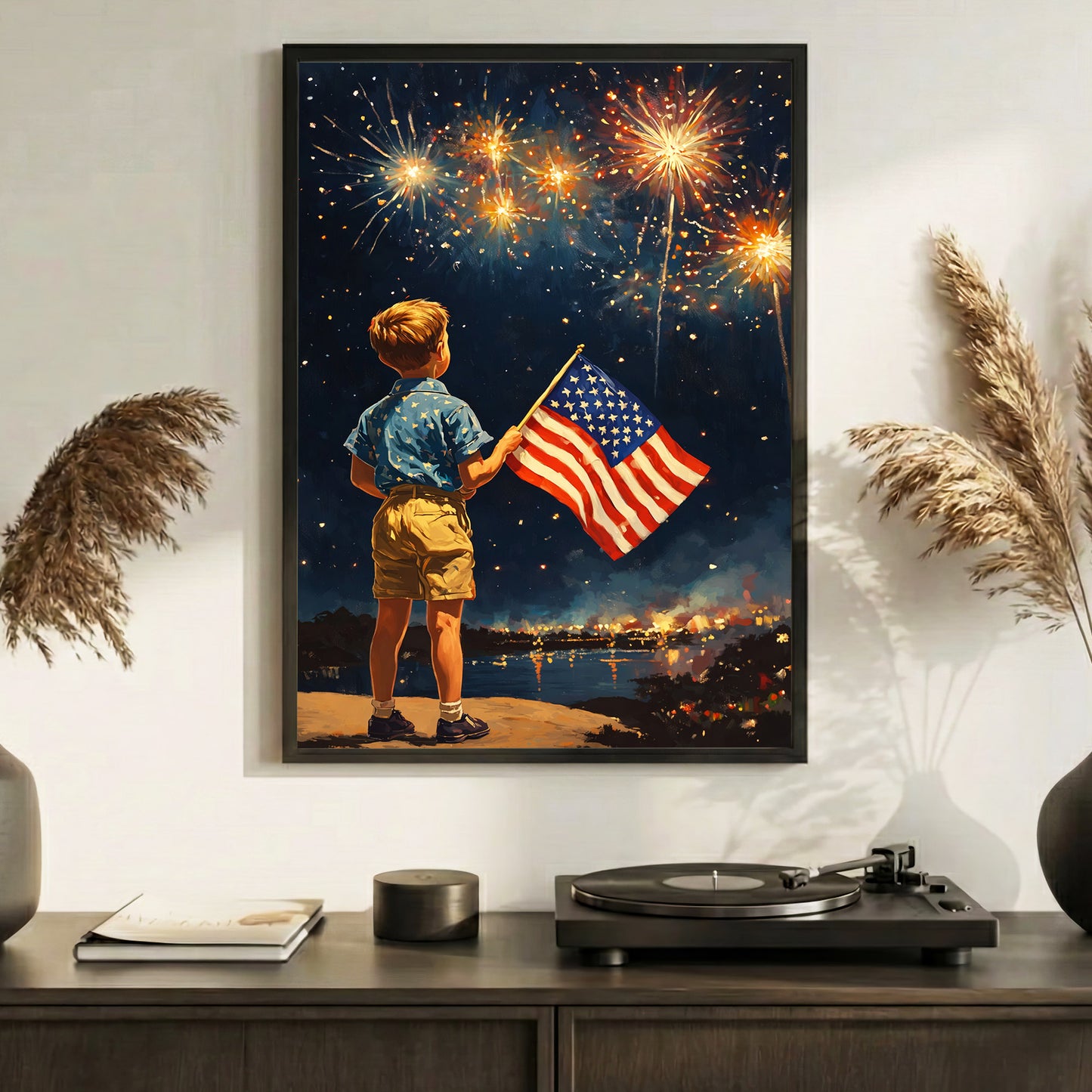 Fireworks Night American Flag Boy Poster/Canvas