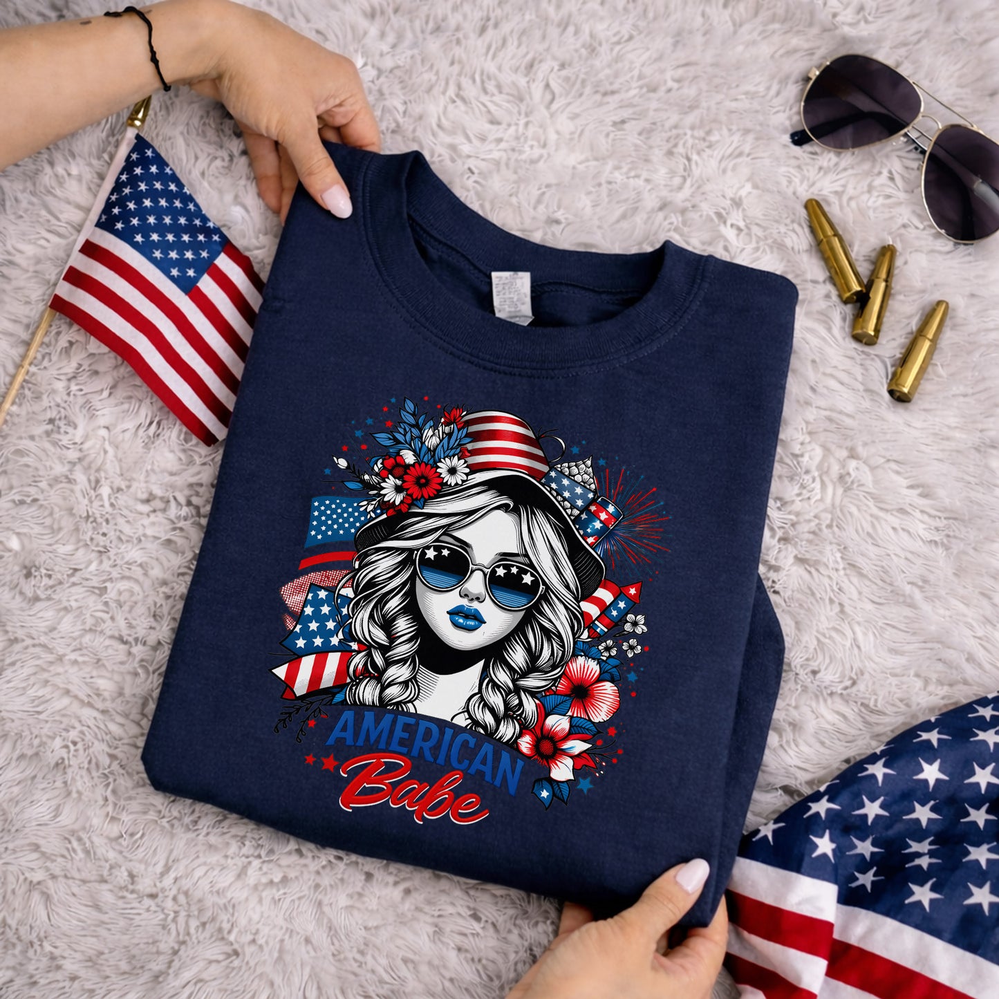American Babe - Fireworks and Flag Inspired Girl – USA Girls – Unisex T-Shirt Gildan / Comfort Colors / V-Neck / Hoodie / Sweatshirt