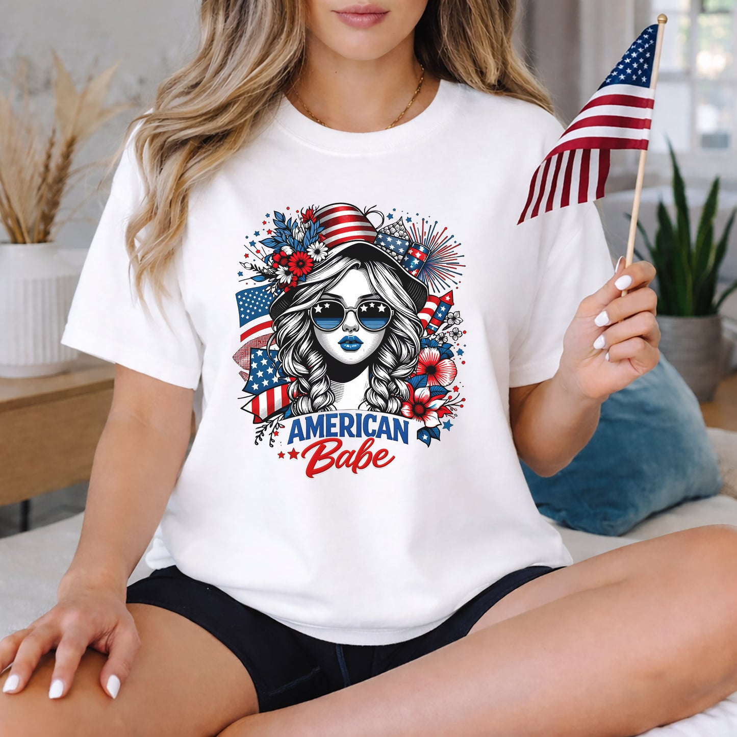 American Babe - Fireworks and Flag Inspired Girl – USA Girls – Unisex T-Shirt Gildan / Comfort Colors / V-Neck / Hoodie / Sweatshirt