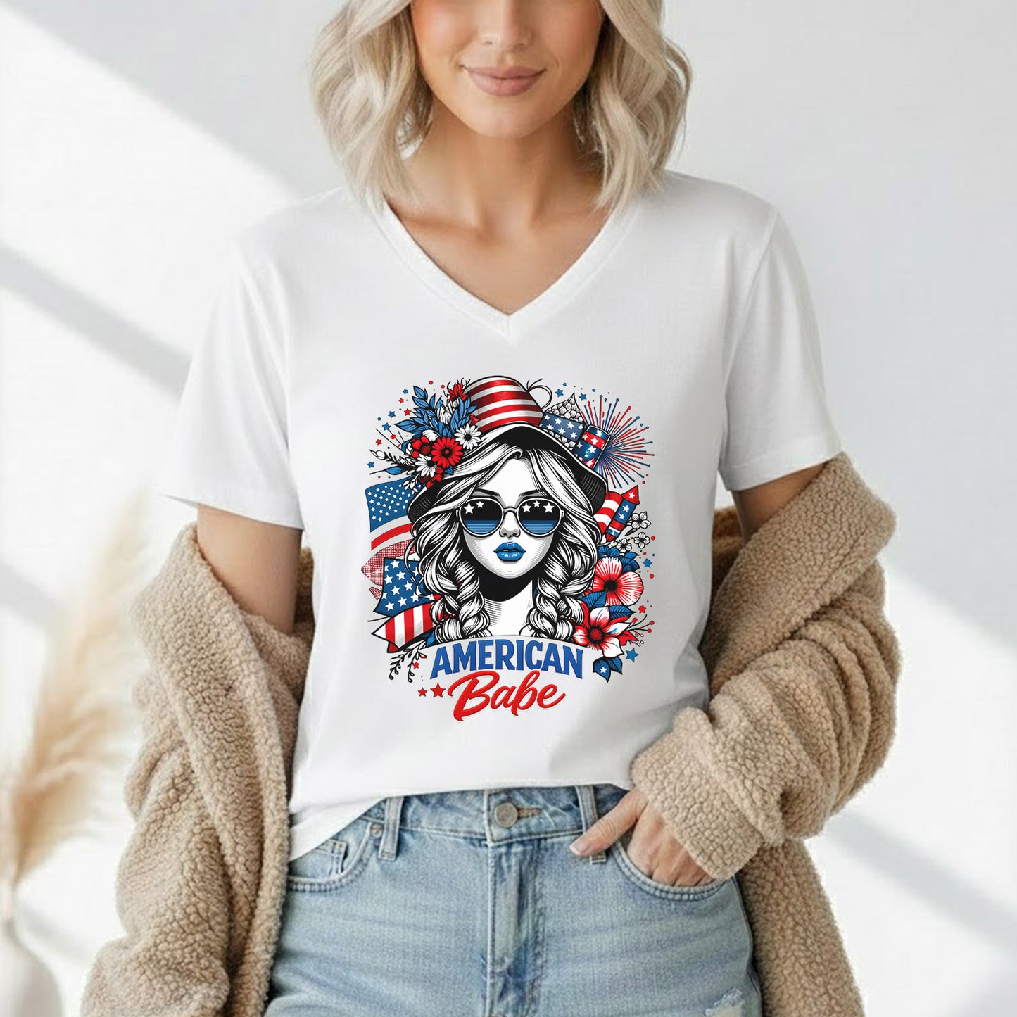 American Babe - Fireworks and Flag Inspired Girl – USA Girls – Unisex T-Shirt Gildan / Comfort Colors / V-Neck / Hoodie / Sweatshirt