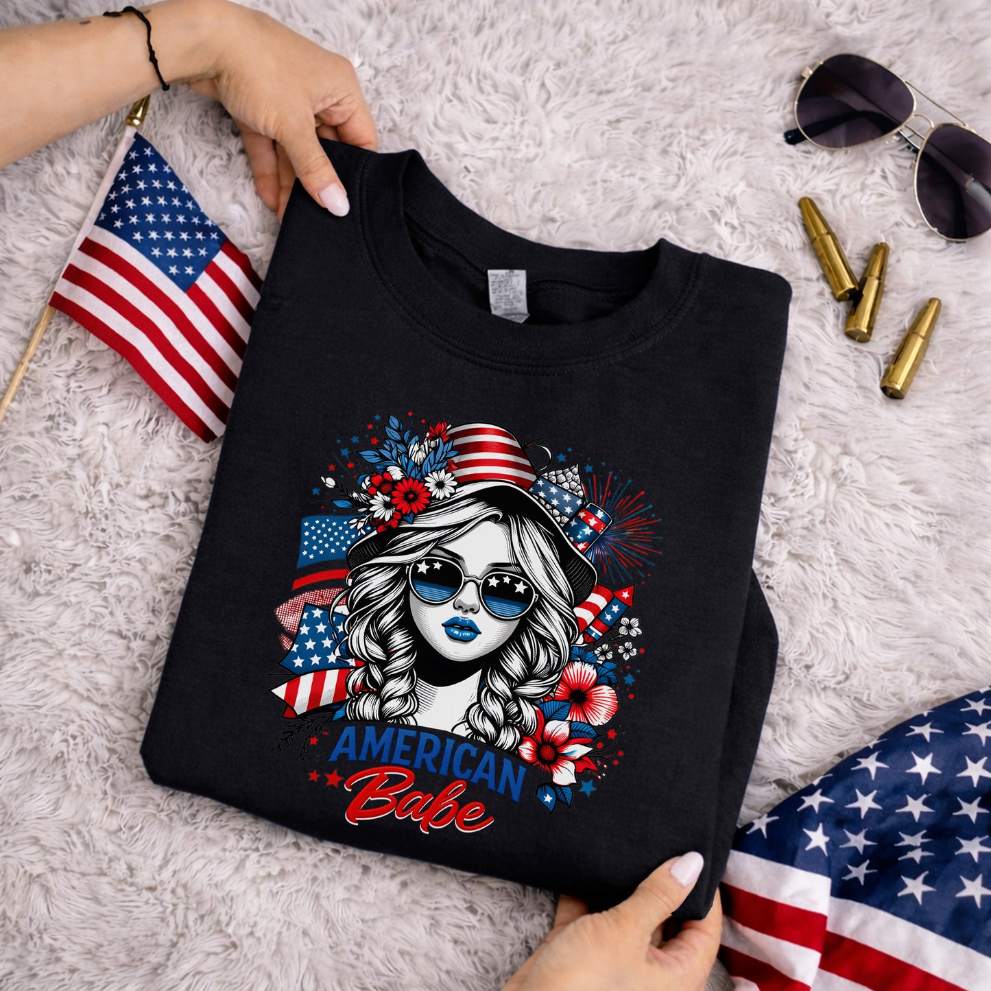 American Babe - Fireworks and Flag Inspired Girl – USA Girls – Unisex T-Shirt Gildan / Comfort Colors / V-Neck / Hoodie / Sweatshirt