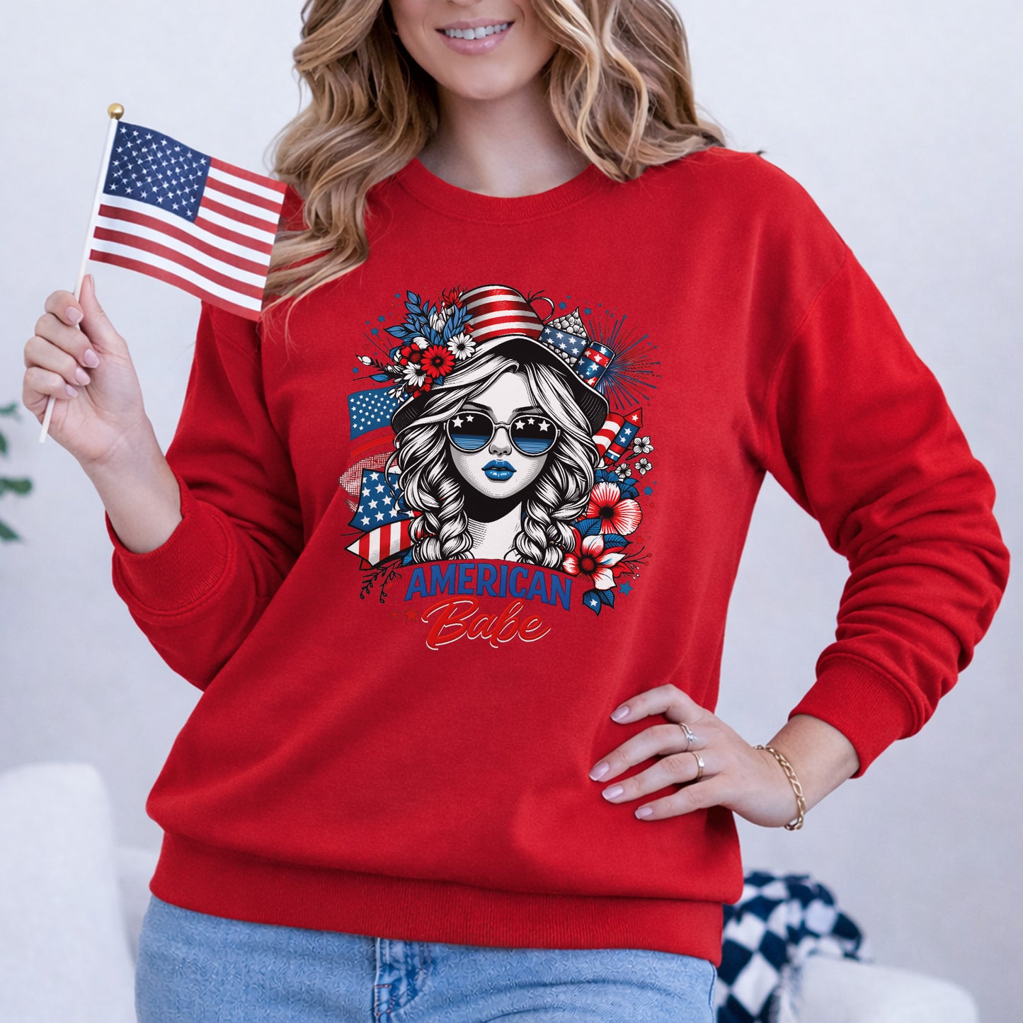 American Babe - Fireworks and Flag Inspired Girl – USA Girls – Unisex T-Shirt Gildan / Comfort Colors / V-Neck / Hoodie / Sweatshirt