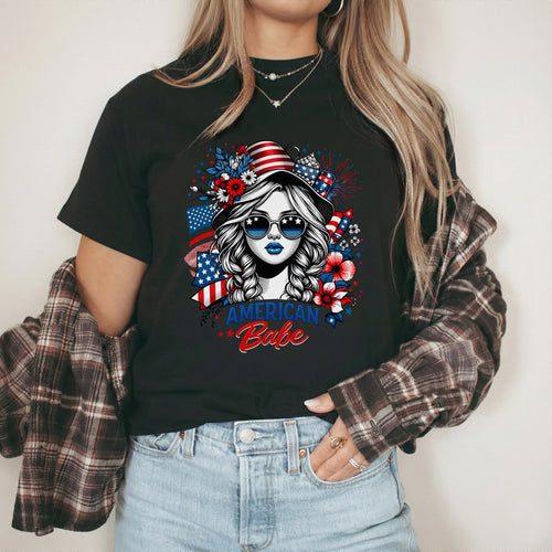 American Babe - Fireworks and Flag Inspired Girl – USA Girls – Unisex T-Shirt Gildan / Comfort Colors / V-Neck / Hoodie / Sweatshirt