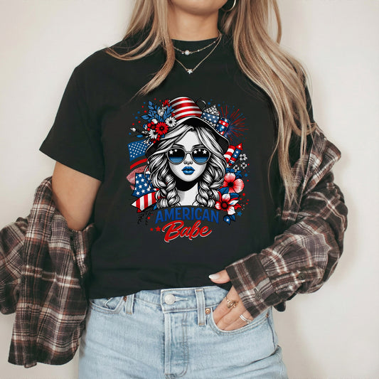 American Babe - Fireworks and Flag Inspired Girl – USA Girls – Unisex T-Shirt Gildan / Comfort Colors / V-Neck / Hoodie / Sweatshirt