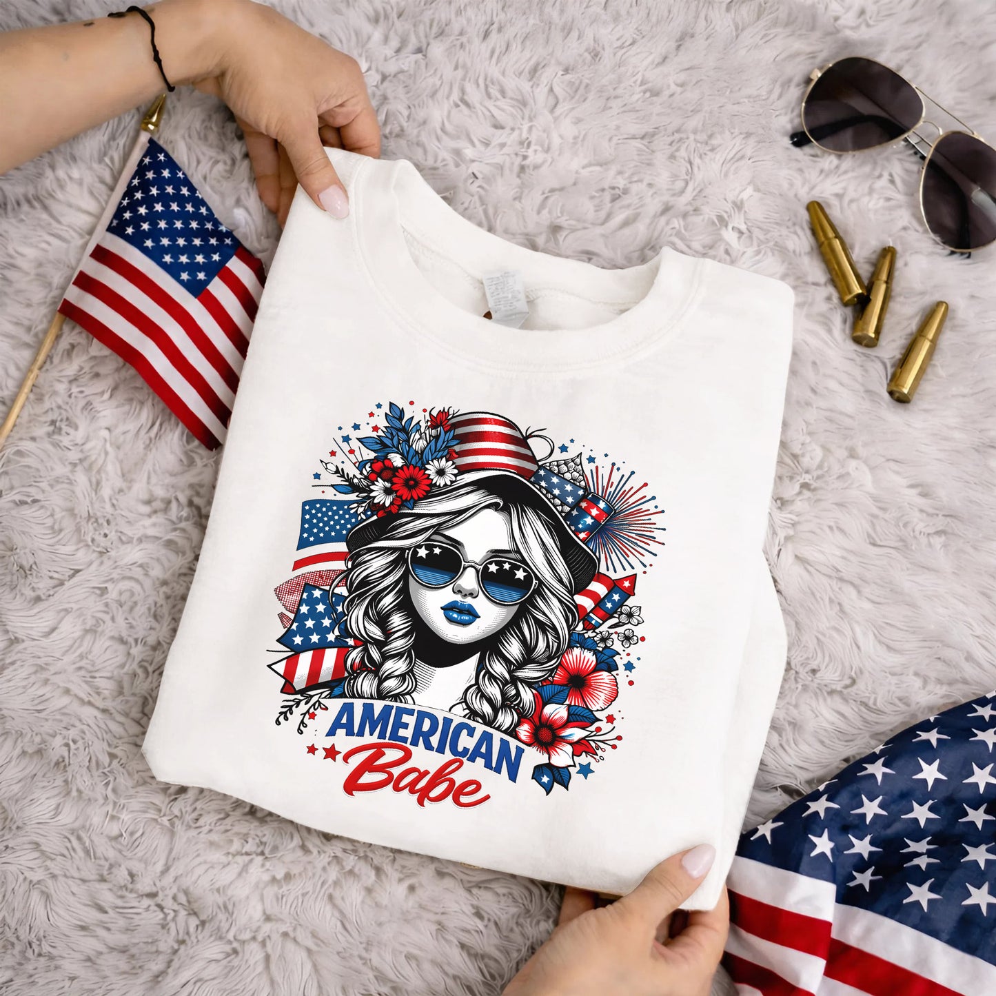 American Babe - Fireworks and Flag Inspired Girl – USA Girls – Unisex T-Shirt Gildan / Comfort Colors / V-Neck / Hoodie / Sweatshirt