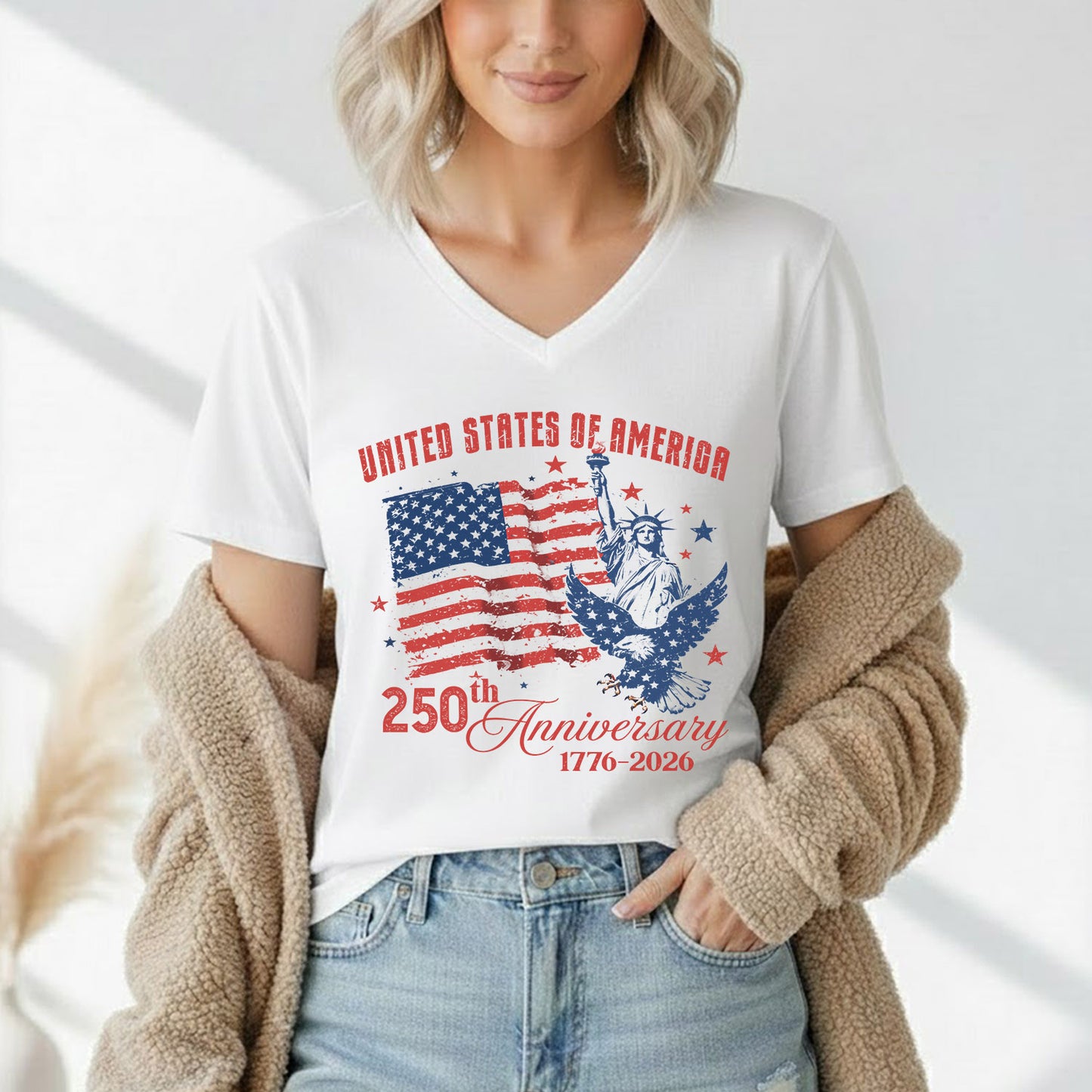 USA 250th Anniversary, Flag Liberty & Eagle Patriotic – American 250th Anniversary – Unisex T-Shirt Gildan / Comfort Colors / V-Neck / Hoodie / Sweatshirt