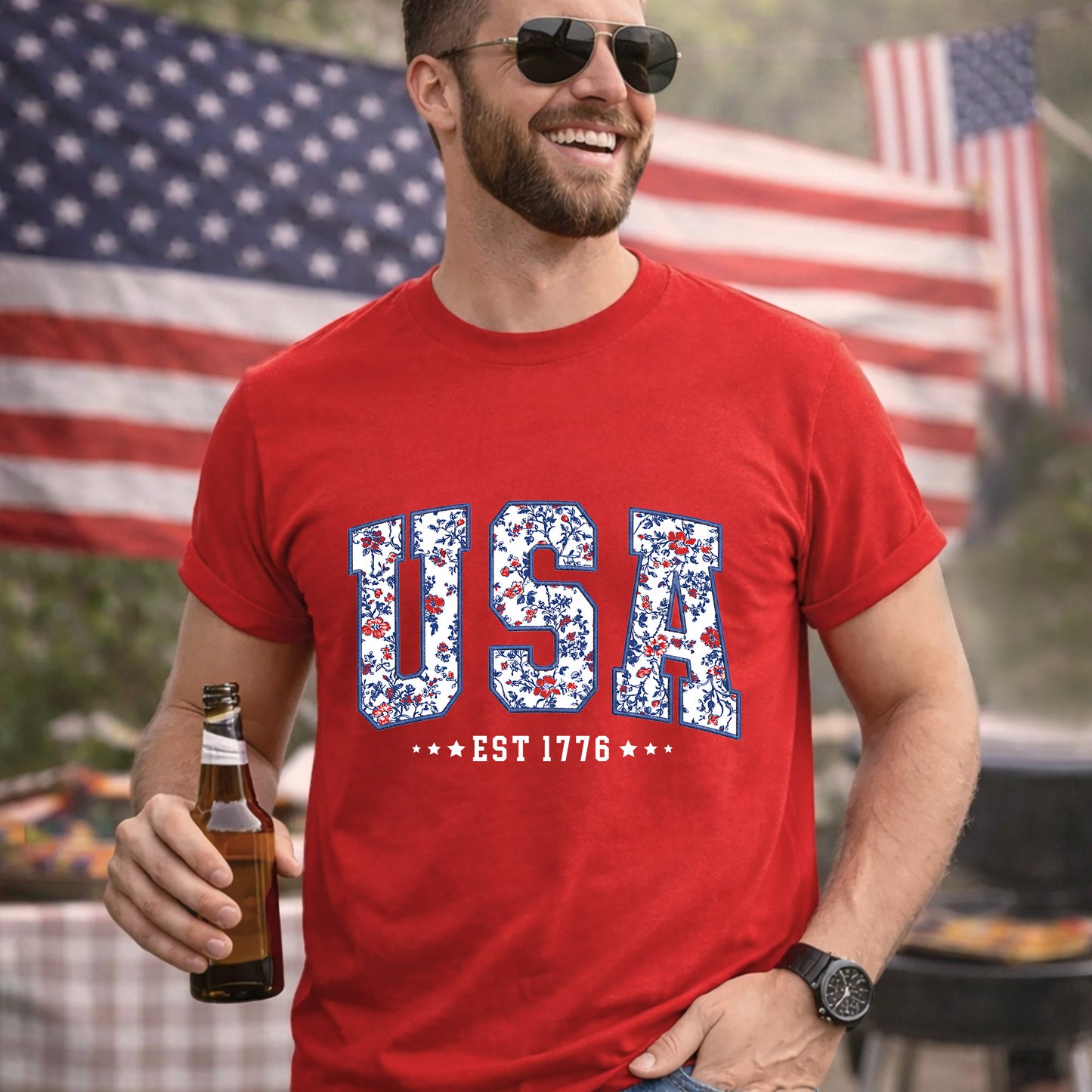 Floral USA Varsity – USA Girls – Unisex T-Shirt Gildan / Comfort Colors / V-Neck / Hoodie / Sweatshirt