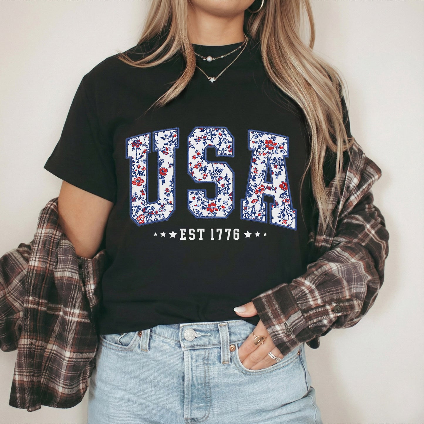 Floral USA Varsity – USA Girls – Unisex T-Shirt Gildan / Comfort Colors / V-Neck / Hoodie / Sweatshirt