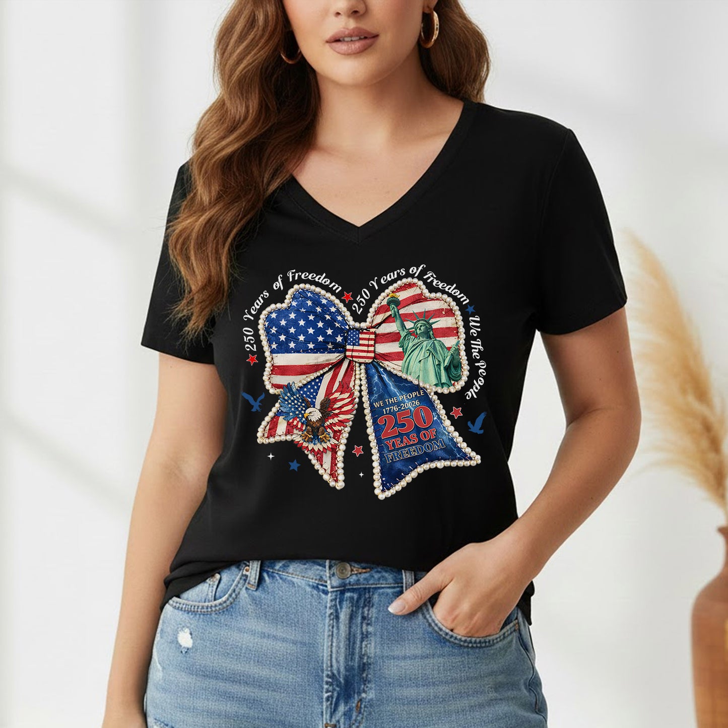 Patriotic Bow 250 Years of Freedom – USA Girls – Unisex T-Shirt Gildan / Comfort Colors / V-Neck / Hoodie / Sweatshirt