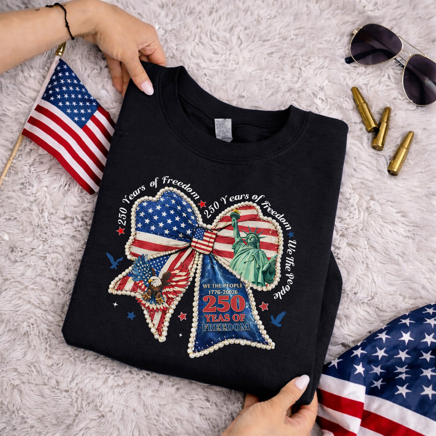 Patriotic Bow 250 Years of Freedom – USA Girls – Unisex T-Shirt Gildan / Comfort Colors / V-Neck / Hoodie / Sweatshirt