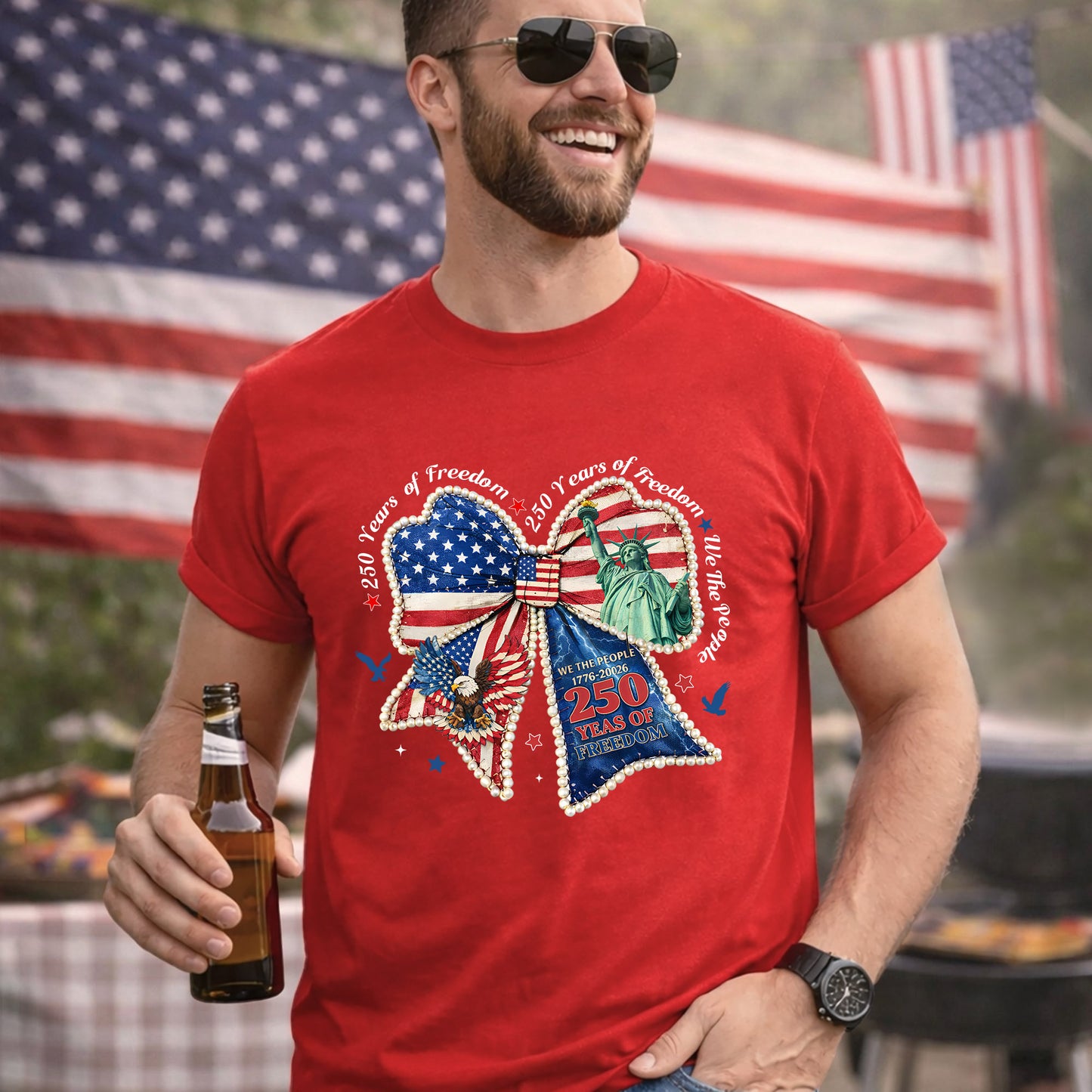 Patriotic Bow 250 Years of Freedom – USA Girls – Unisex T-Shirt Gildan / Comfort Colors / V-Neck / Hoodie / Sweatshirt