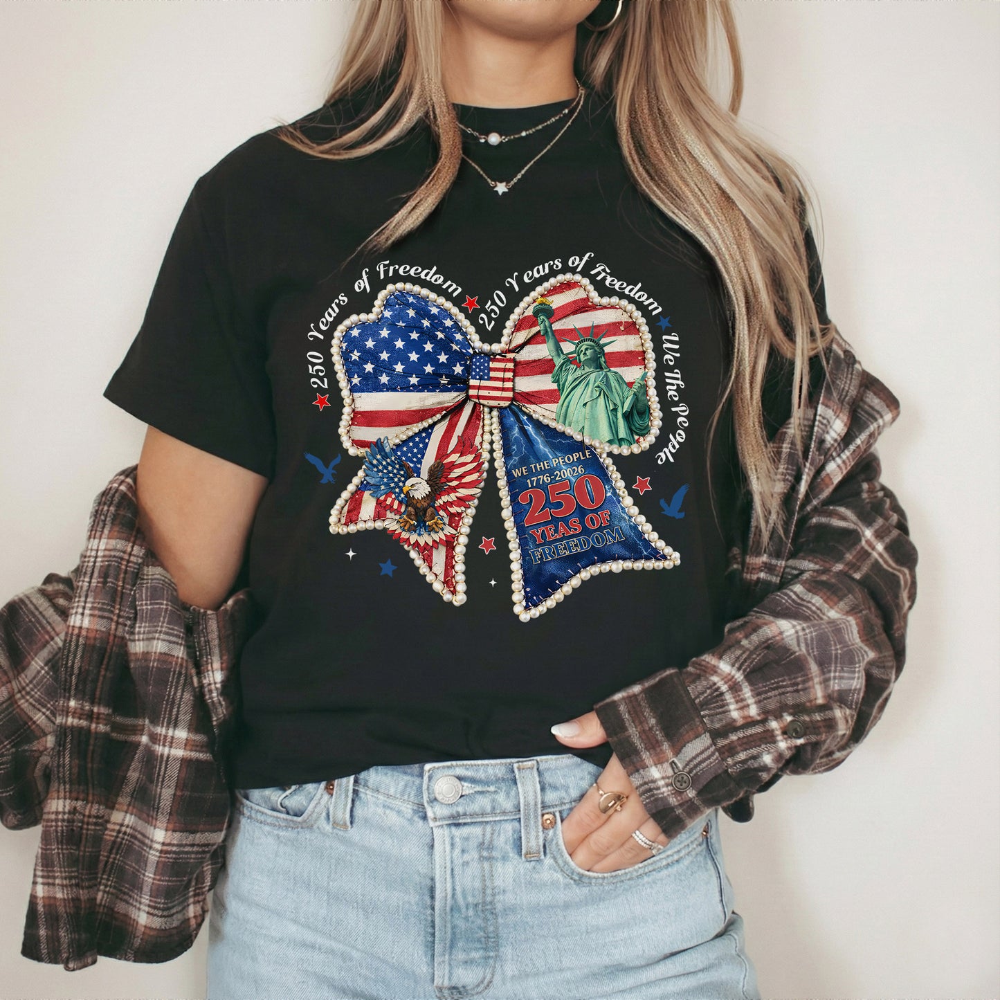 Patriotic Bow 250 Years of Freedom – USA Girls – Unisex T-Shirt Gildan / Comfort Colors / V-Neck / Hoodie / Sweatshirt
