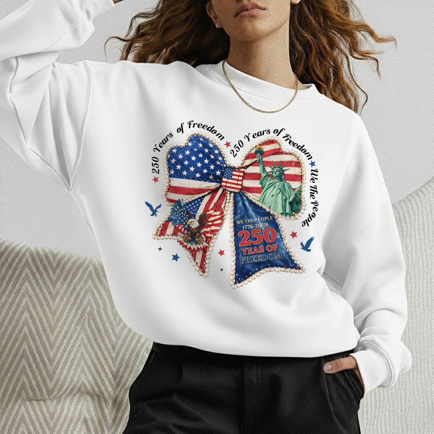 Patriotic Bow 250 Years of Freedom – USA Girls – Unisex T-Shirt Gildan / Comfort Colors / V-Neck / Hoodie / Sweatshirt