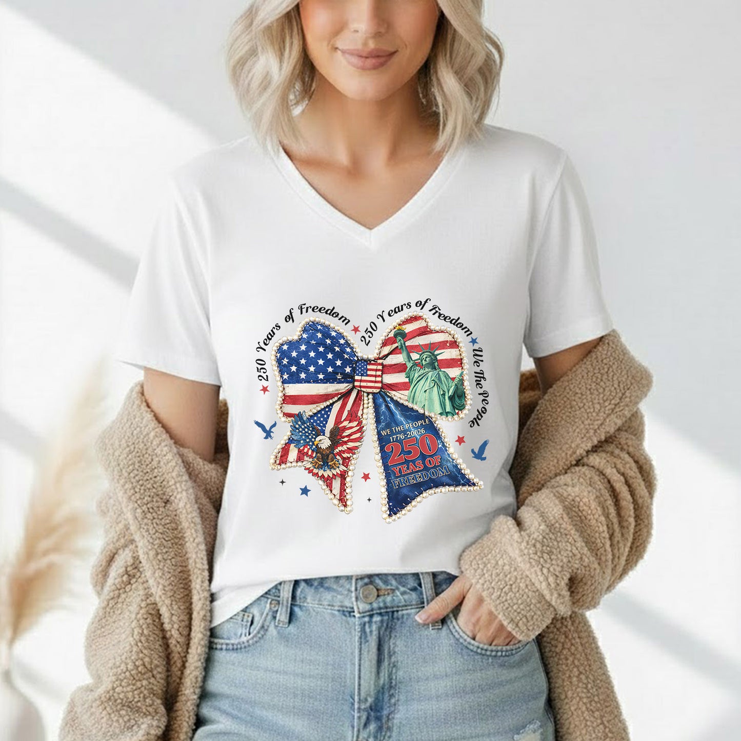 Patriotic Bow 250 Years of Freedom – USA Girls – Unisex T-Shirt Gildan / Comfort Colors / V-Neck / Hoodie / Sweatshirt