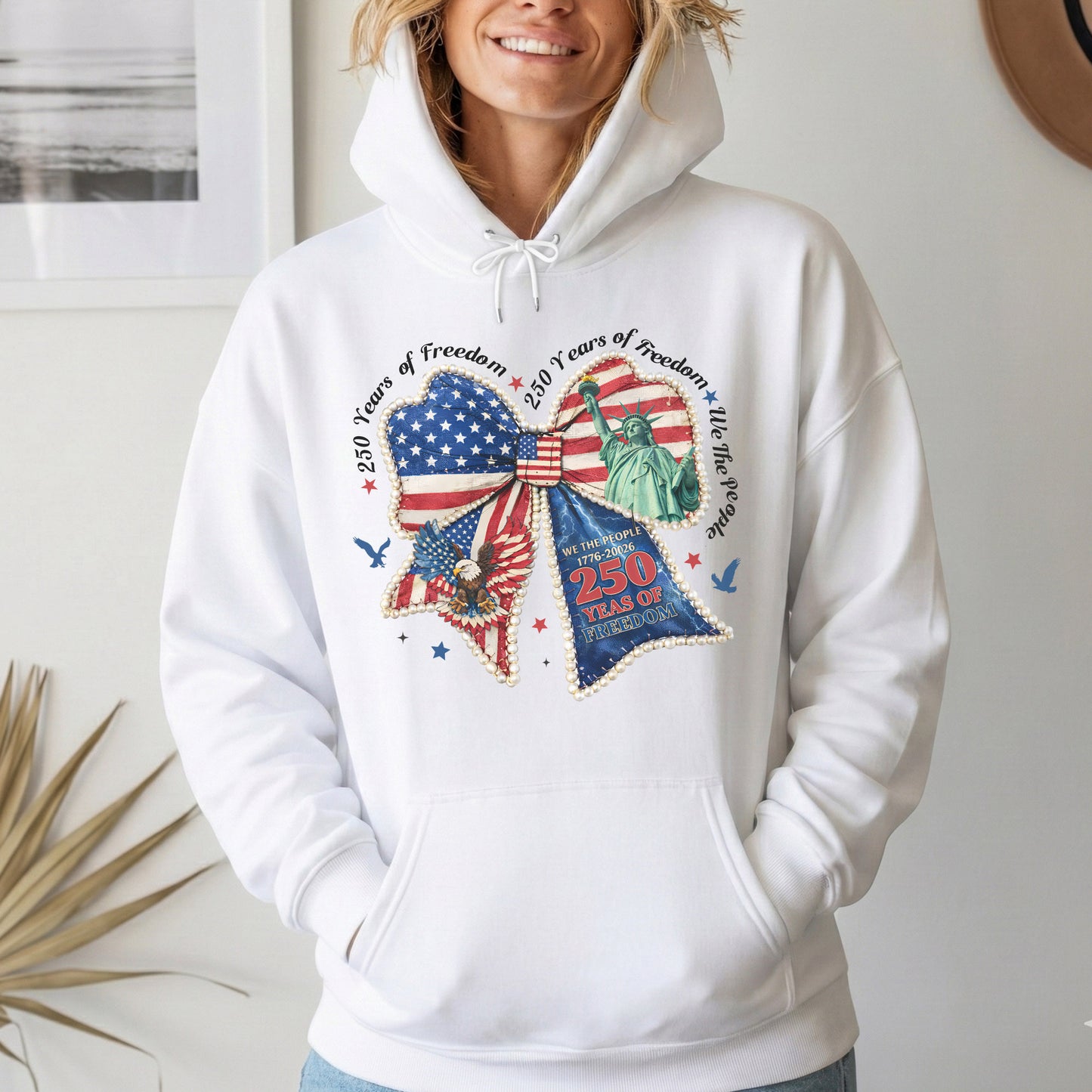 Patriotic Bow 250 Years of Freedom – USA Girls – Unisex T-Shirt Gildan / Comfort Colors / V-Neck / Hoodie / Sweatshirt