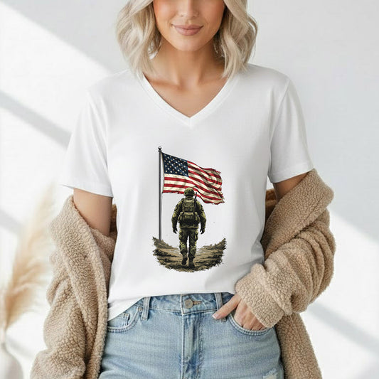 Soldier Walking Toward the Flag Patriotic – Unisex T-Shirt Gildan / Comfort Colors / V-Neck / Hoodie / Sweatshirt