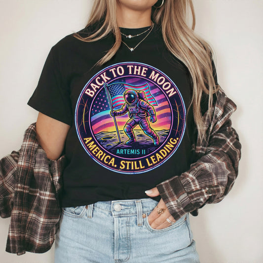 Back to the Moon: Artemis II – America Still Leading – Unisex T-Shirt Gildan / Comfort Colors / V-Neck / Hoodie / Sweatshirt