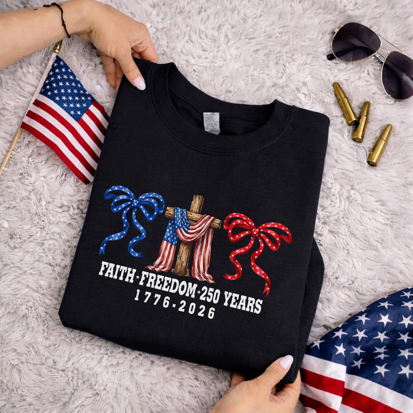 America 250 Faith & Freedom Cross Graphic – Faith & Freedom – Unisex Tshirt Gildan / Tshirt Comfort / V-neck/ Hoodie / Sweatshirt