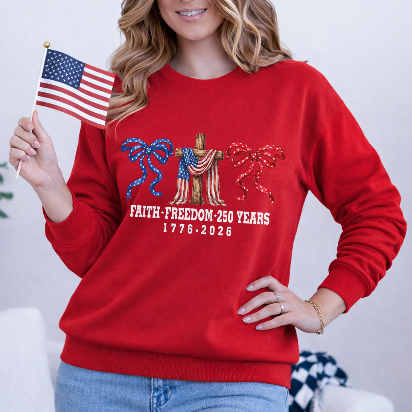 America 250 Faith & Freedom Cross Graphic – Faith & Freedom – Unisex Tshirt Gildan / Tshirt Comfort / V-neck/ Hoodie / Sweatshirt