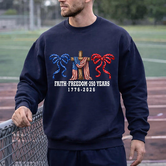 America 250 Faith & Freedom Cross Graphic – Faith & Freedom – Unisex Tshirt Gildan / Tshirt Comfort / V-neck/ Hoodie / Sweatshirt