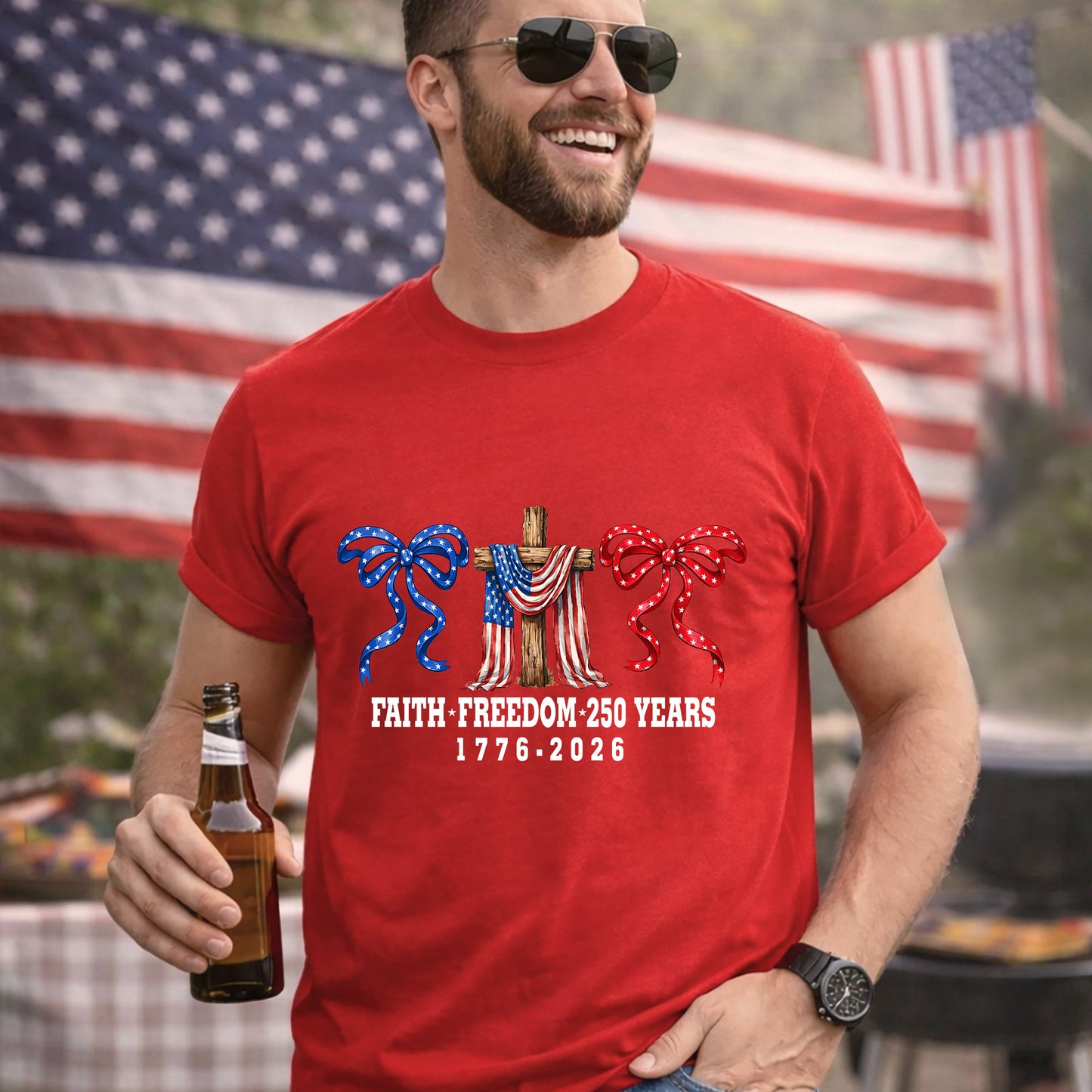 America 250 Faith & Freedom Cross Graphic – Faith & Freedom – Unisex Tshirt Gildan / Tshirt Comfort / V-neck/ Hoodie / Sweatshirt